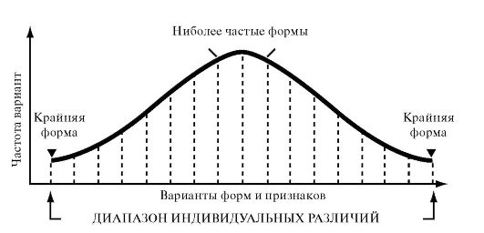 Диапазон индивидуальных различий: крайние и наиболее частые формы (кривая распределения признака)